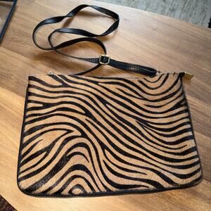 Borse In Pelle Italy Genuine Leather Purse Bag Black & Brown Zebra Zipper Accent